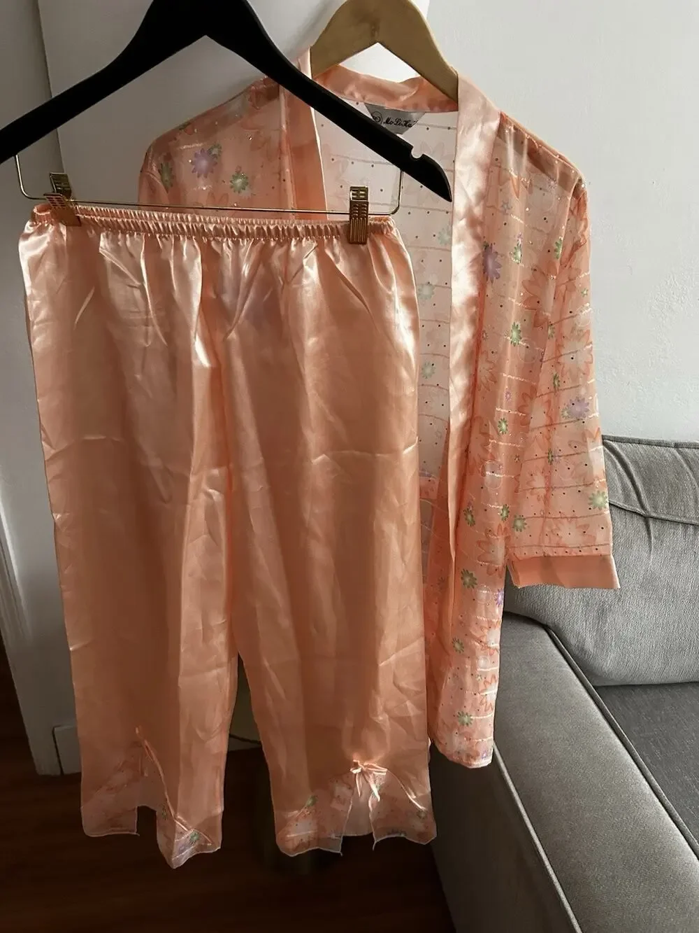 Vtg Coral Pink Pj Set Kimono Robe Pants XL Glitter Silk Blend Coquette Floral